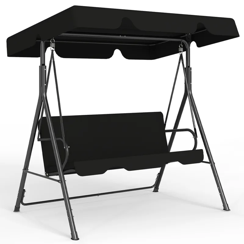 Outdoor Patio Swing Chair with Adjustable Canopy, Outdoor Patio Glider Swing with Heavy Duty Stand for 3 Adult Persons, Ideal for Deck, Lawn, Backyard, or Porch, Black