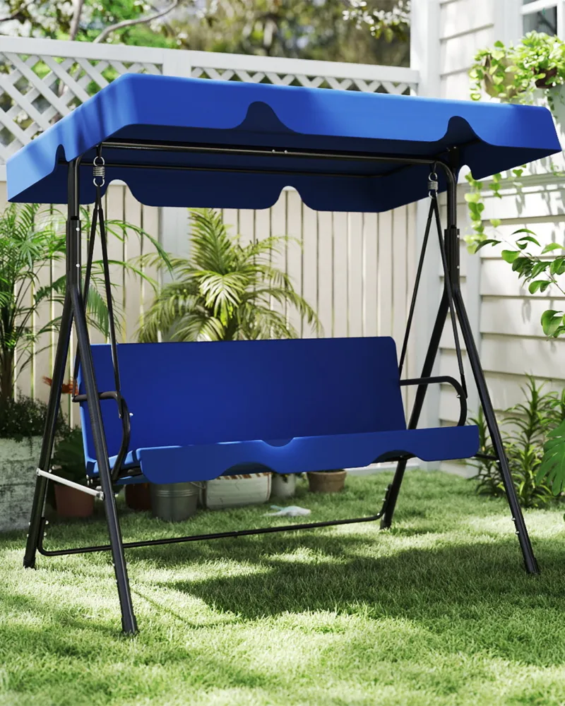 Outdoor Patio Swing Chair with Adjustable Canopy, Outdoor Patio Glider Swing with Heavy Duty Stand for 3 Adult Persons, Ideal for Deck, Lawn, Backyard, or Porch, Black