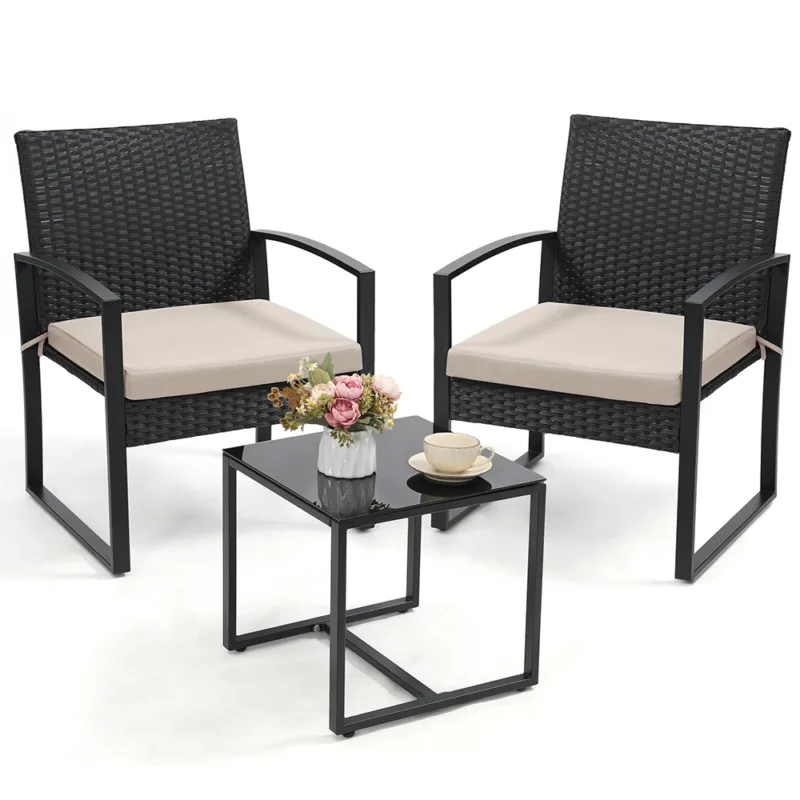 3 Piece Wicker Patio Bistro Set, Rattan Conversation Set with Coffee Table, for Balcony, Porch, Garden, Yard, Poolside, Black Frame with Grey Cushion