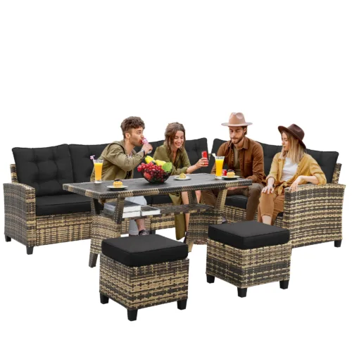 6-Piece Outdoor Patio Furniture Set - Sectional Sofa, Dining Table & Chairs Included, All-Weather Dining Set with Ottoman, Natural Wicker and Black Cushions