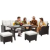 6-Piece Outdoor Patio Furniture Set - Sectional Sofa, Dining Table & Chairs Included, All-Weather Dining Set with Ottoman, Natural Wicker and Black Cushions