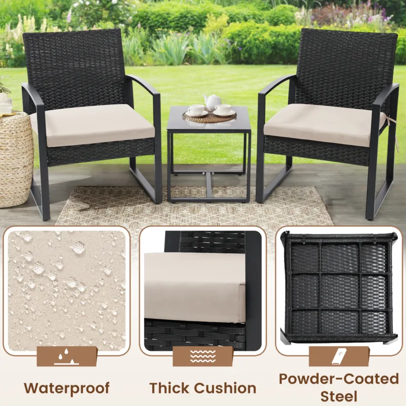 3 Piece Wicker Patio Bistro Set, Rattan Conversation Set with Coffee Table, for Balcony, Porch, Garden, Yard, Poolside, Black Frame with Grey Cushion