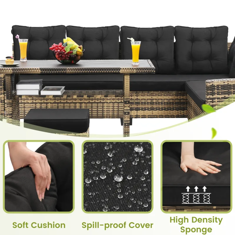 6-Piece Outdoor Patio Furniture Set - Sectional Sofa, Dining Table & Chairs Included, All-Weather Dining Set with Ottoman, Natural Wicker and Black Cushions