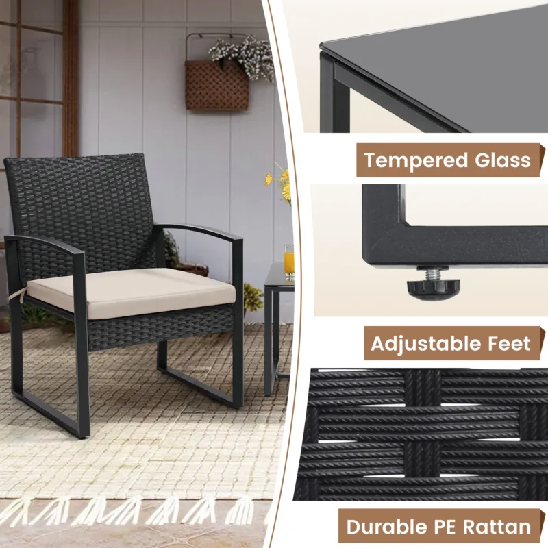 3 Piece Wicker Patio Bistro Set, Rattan Conversation Set with Coffee Table, for Balcony, Porch, Garden, Yard, Poolside, Black Frame with Grey Cushion