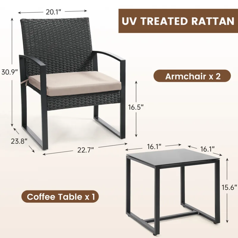 3 Piece Wicker Patio Bistro Set, Rattan Conversation Set with Coffee Table, for Balcony, Porch, Garden, Yard, Poolside, Black Frame with Grey Cushion