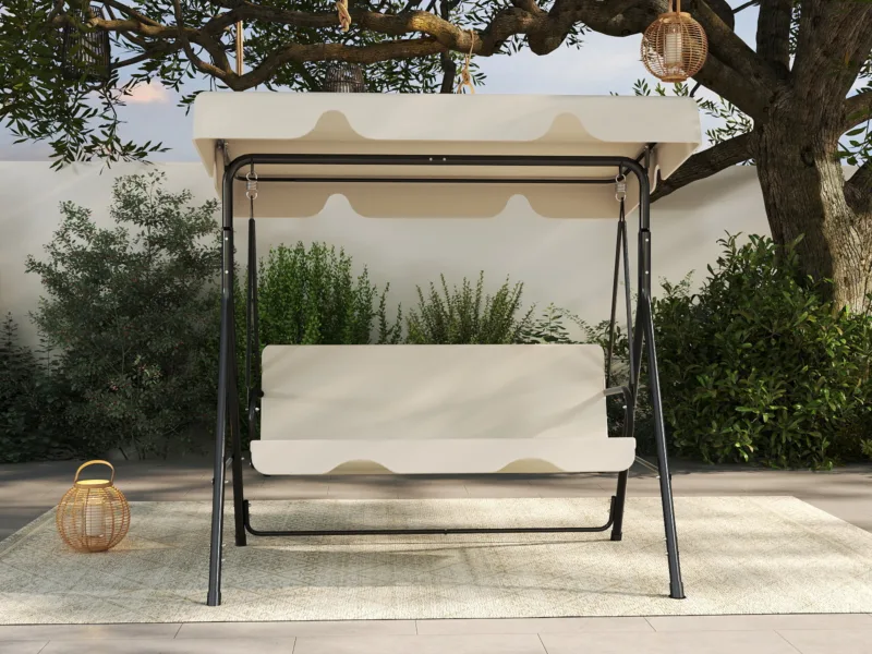 Outdoor Patio Swing Chair with Adjustable Canopy, Outdoor Patio Glider Swing with Heavy Duty Stand for 3 Adult Persons, Ideal for Deck, Lawn, Backyard, or Porch, Black