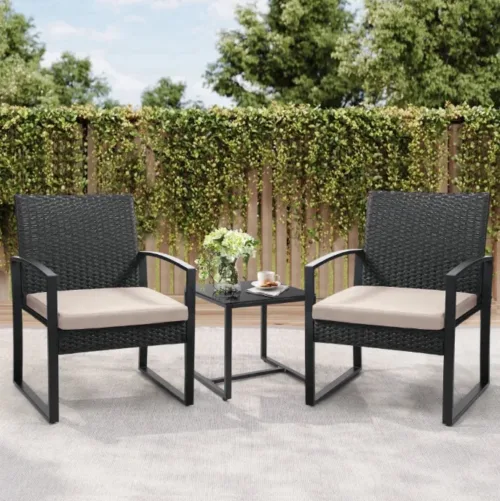 Skandiquip 3-Piece Outdoor Rattan Bistro Set, All-Weather Wicker Patio Conversation Set with Soft Cushions & Side Coffee Table, Perfect for Balcony, Porch, Garden, PoolsideGrey, Grey