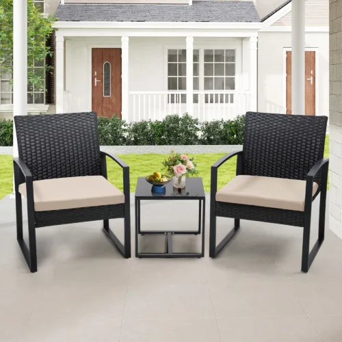 3 Piece Wicker Patio Bistro Set, Rattan Conversation Set with Coffee Table, for Balcony, Porch, Garden, Yard, Poolside, Black Frame with Grey Cushion