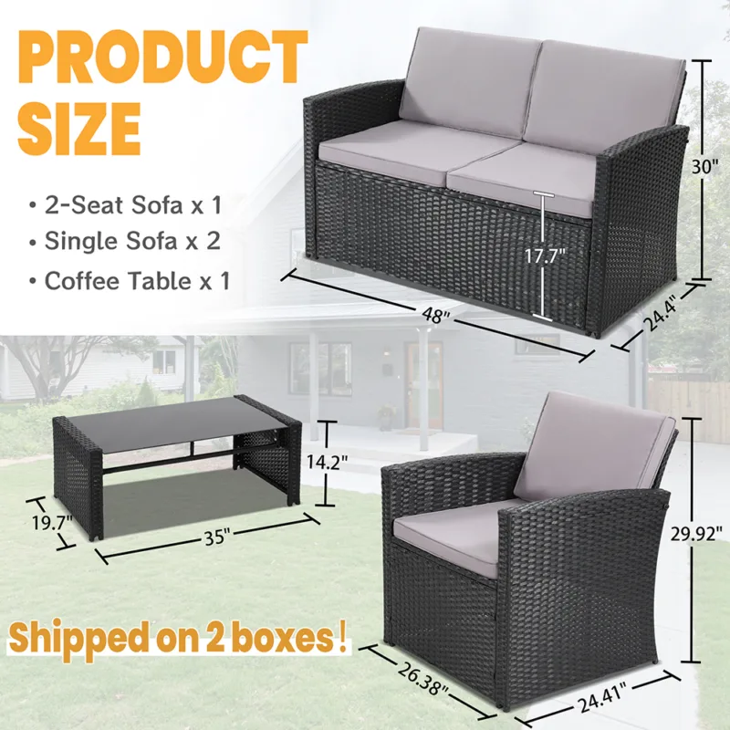 4 Pieces Patio Conversation Set, Outside Rattan Sectional Sofa, Cushioned Furniture Set, Wicker Sofa Ideal for Garden, Porch, Backyard, Grey Color Rattan and Light Grey Cushion