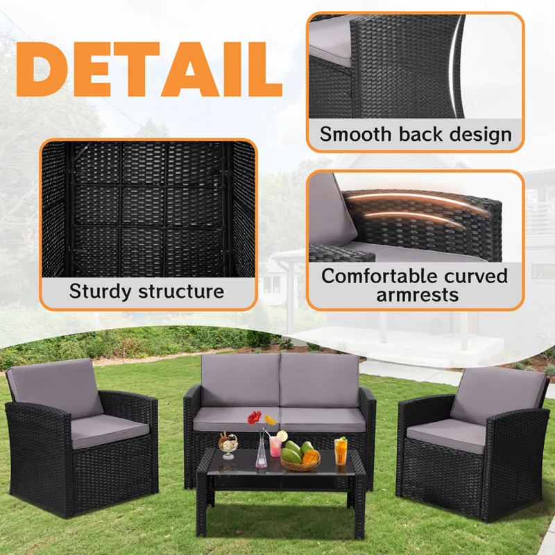 4 Pieces Patio Conversation Set, Outside Rattan Sectional Sofa, Cushioned Furniture Set, Wicker Sofa Ideal for Garden, Porch, Backyard, Grey Color Rattan and Light Grey Cushion