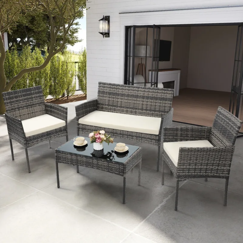1 (1) Skandiquip 4 Piece Outdoor Patio Furniture Set, All-Weather Wicker Conversation Set with Loveseat, 2 Chairs & Extra Long Coffee Table, Boho Rattan Bistro Set for Garden, Balcony, Porch