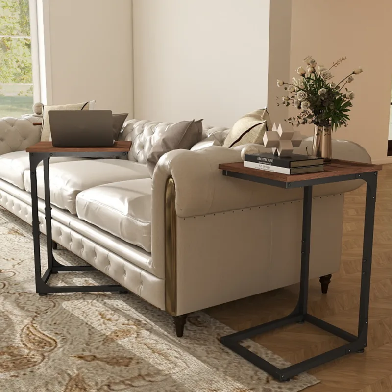 Skandiquip Set of 2 C Shaped End Table,24" Side Table with Metal Frame,Suitable for Sofa Couch Bed,Dark Brown Living Room Bedroom