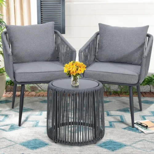 Skandiquip 3-Piece All-Weather Wicker Conversation Rattan Bistro Set, Patio Furniture with Glass Table for Outdoor Balcony Backyard Porch