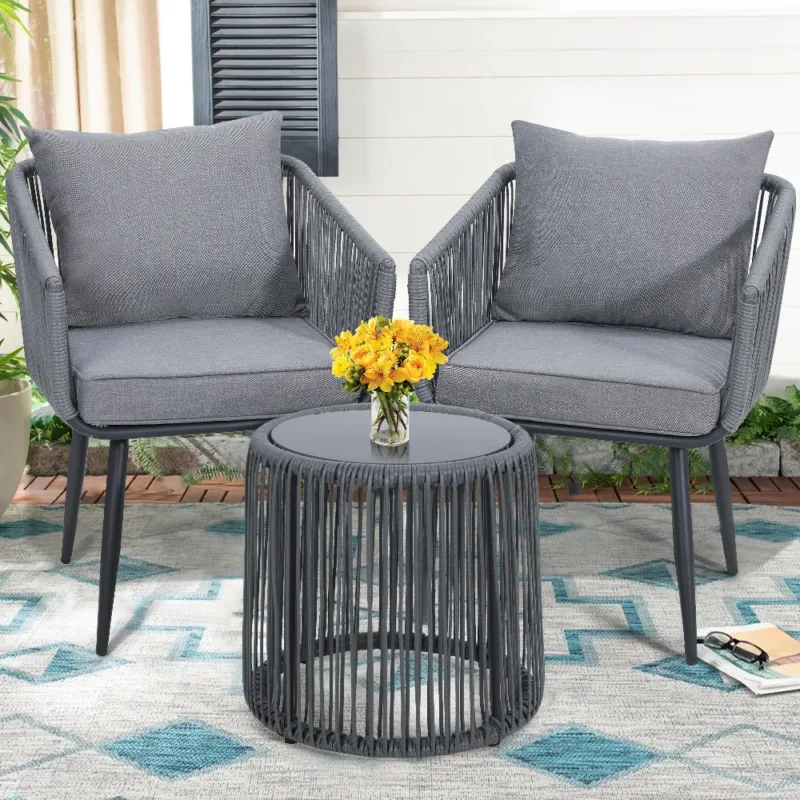 主图 (1) Skandiquip 3-Piece All-Weather Wicker Conversation Rattan Bistro Set, Patio Furniture with Glass Table for Outdoor Balcony Backyard Porch
