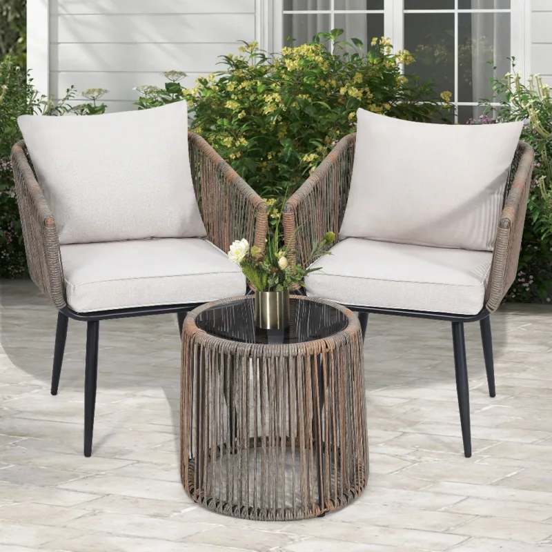 主图 (1) Skandiquip 3-Piece All-Weather Wicker Conversation Rattan Bistro Set, Patio Furniture with Glass Table for Outdoor Balcony Backyard Porch