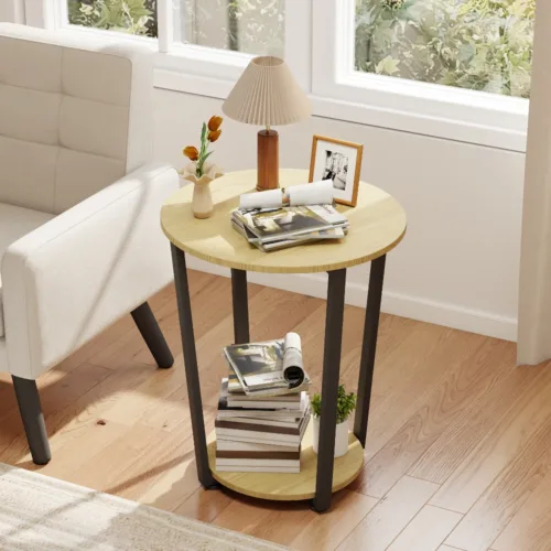 原木场景1 (1) Skandiquip 17.7 Inch Diameter Round 2-Tier Accent Side Table Industrial End Table with Storage Shelf Wooden Top for Living Room Bedroom