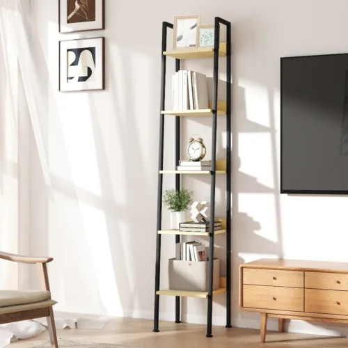 Skandiquip 5-Tier Leaning Ladder Shelf,  Wood and Metal Multifunctional Display Storage Rack for Living Room Bedroom