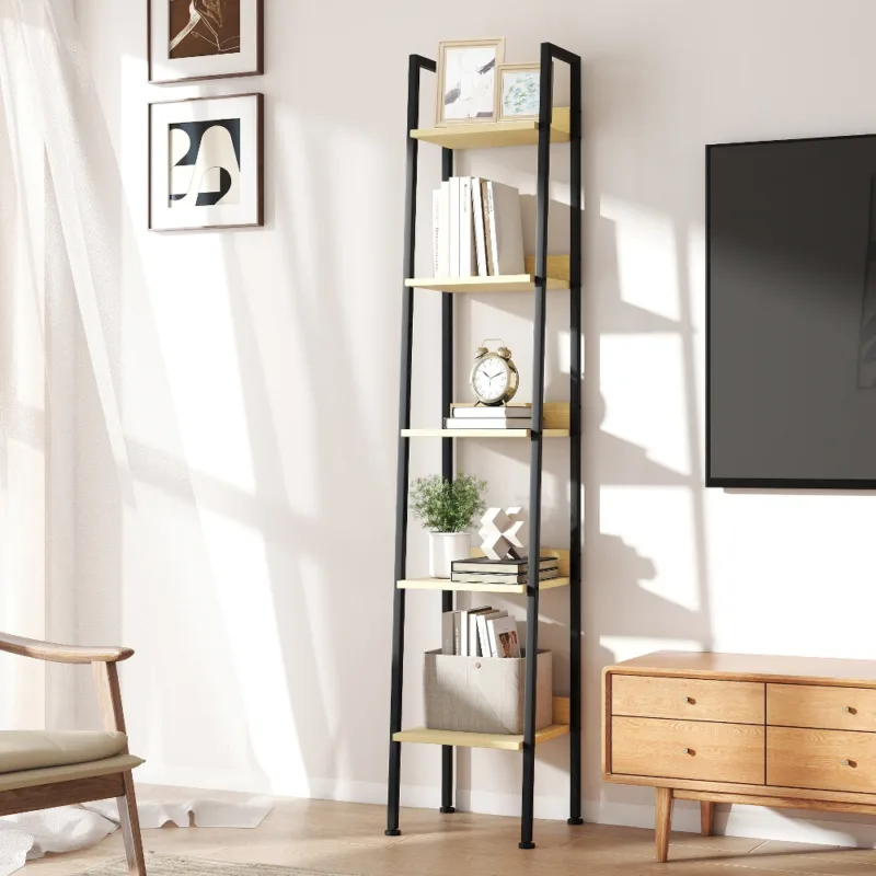 Skandiquip 5-Tier Leaning Ladder Shelf,  Wood and Metal Multifunctional Display Storage Rack for Living Room Bedroom