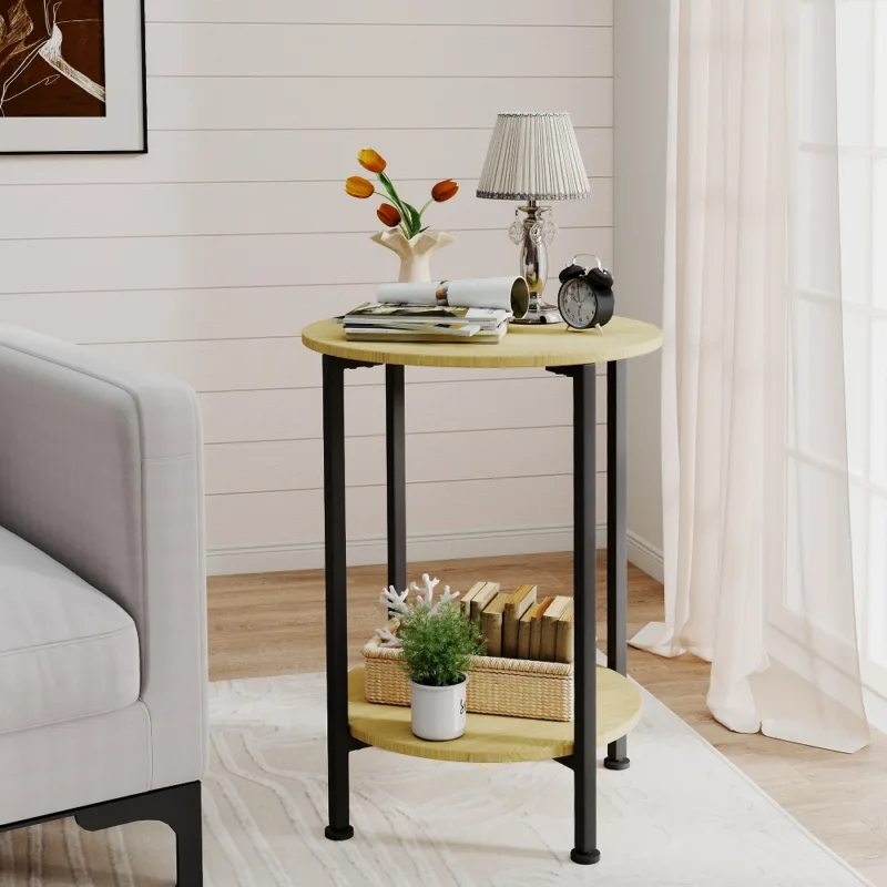 原木场景1 (1) Skandiquip 17.7 Inch Diameter Compact Round 2-Tier Accent Side Table Industrial End Table with Storage Shelf Wooden Top for Living Room Bedroom