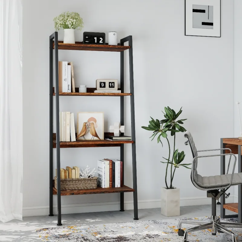 Skandiquip 4-Tier Leaning Ladder Shelf,  Wood and Metal Multifunctional Display Storage Rack for Living Room Bedroom