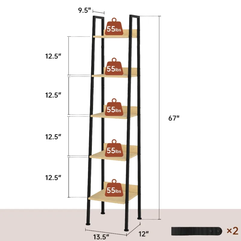 Skandiquip 5-Tier Leaning Ladder Shelf,  Wood and Metal Multifunctional Display Storage Rack for Living Room Bedroom