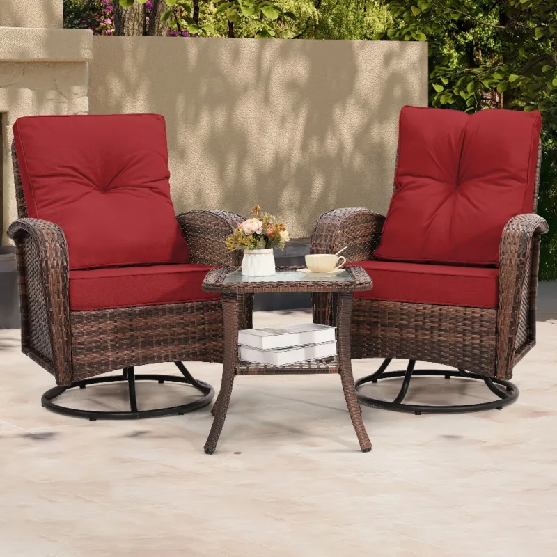 Skandiquip 3-Piece Patio Wicker Swivel Rocker Set, All-Weather Resin Rattan Chairs with Washable Cushions, 2-Tier Tempered Glass Side Table for Storage