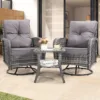 Skandiquip 3-Piece Patio Wicker Swivel Rocker Set, All-Weather Resin Rattan Chairs with Washable Cushions, 2-Tier Tempered Glass Side Table for Storage
