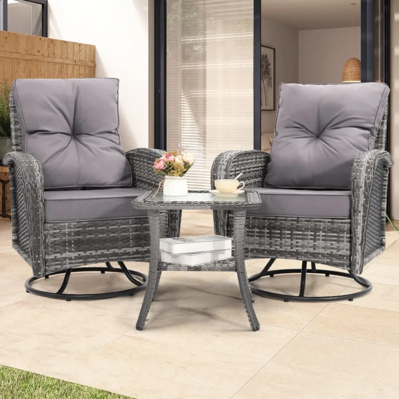 Skandiquip 3-Piece Patio Wicker Swivel Rocker Set, All-Weather Resin Rattan Chairs with Washable Cushions, 2-Tier Tempered Glass Side Table for Storage