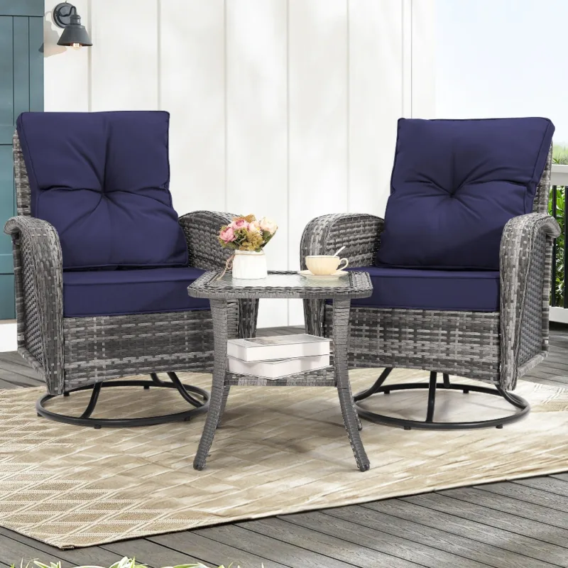 Skandiquip 3-Piece Patio Wicker Swivel Rocker Set, All-Weather Resin Rattan Chairs with Washable Cushions, 2-Tier Tempered Glass Side Table for Storage