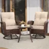 Skandiquip 3-Piece Patio Wicker Swivel Rocker Set, All-Weather Resin Rattan Chairs with Washable Cushions, 2-Tier Tempered Glass Side Table for Storage