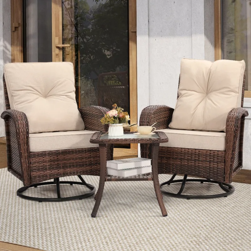 Skandiquip 3-Piece Patio Wicker Swivel Rocker Set, All-Weather Resin Rattan Chairs with Washable Cushions, 2-Tier Tempered Glass Side Table for Storage