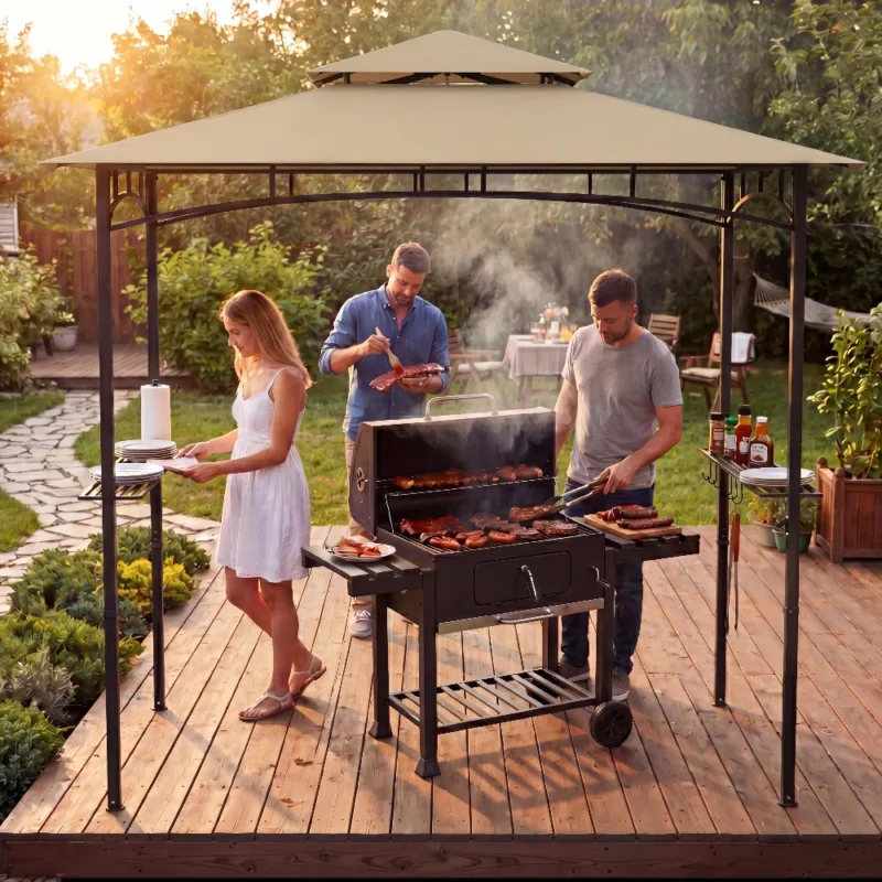 Skandiquip 8' x 5' Outdoor Grill Gazebo, Heavy Duty Double Tier Vented BBQ Canopy, Waterproof Sunproof Patio Barbecue Shelter for Backyard, Garden, Lawn & Outside Use