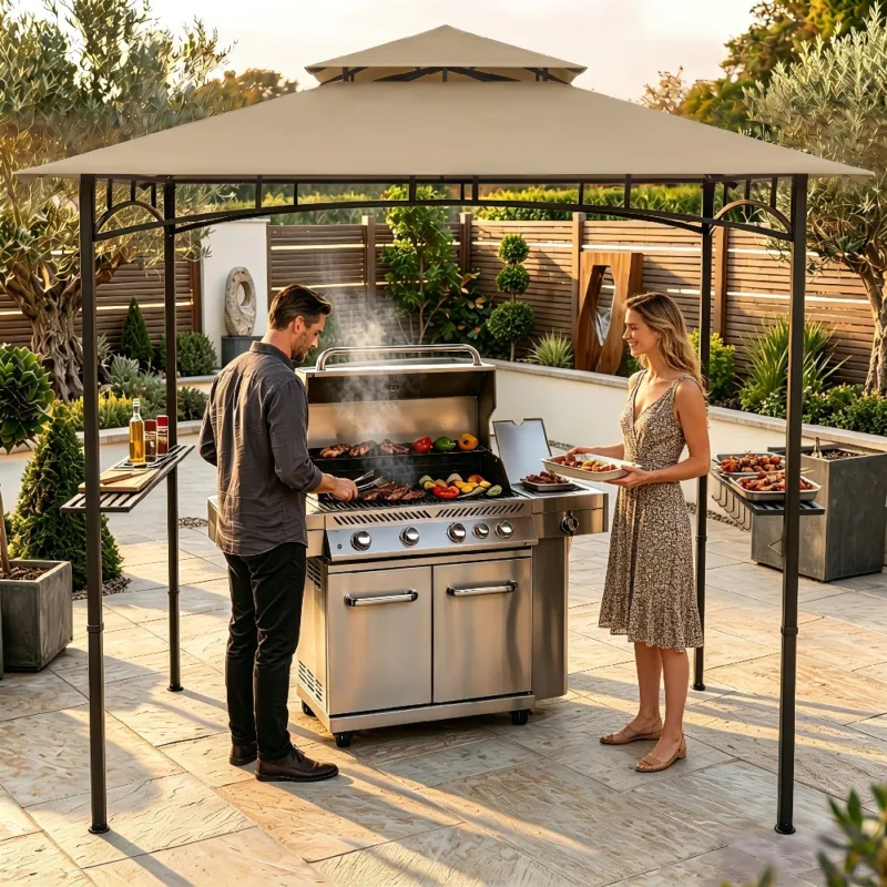Skandiquip 8' x 5' Outdoor Grill Gazebo, Heavy Duty Double Tier Vented BBQ Canopy, Waterproof Sunproof Patio Barbecue Shelter for Backyard, Garden, Lawn & Outside Use