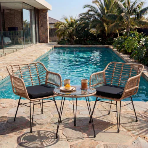 Skandiquip 3 Pieces Bistro Set, All-Weather Wicker Furniture With 400 Lbs Load Capacity, Easy To Clean Glass Top Table