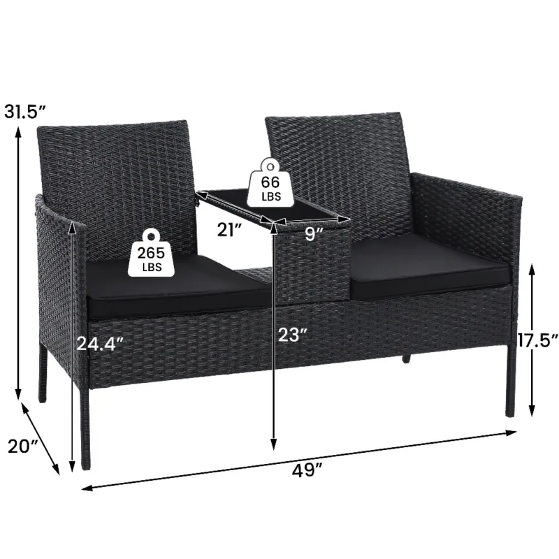 尺寸 (1) Skandiquip 2 Seat Patio Conversation Set, Outdoor Rattan Wicker Loveseat with Built-in Coffee Table, Removable Cushions, All Weather Patio Furniture for Backyard Garden Lawn Balcony Porch
