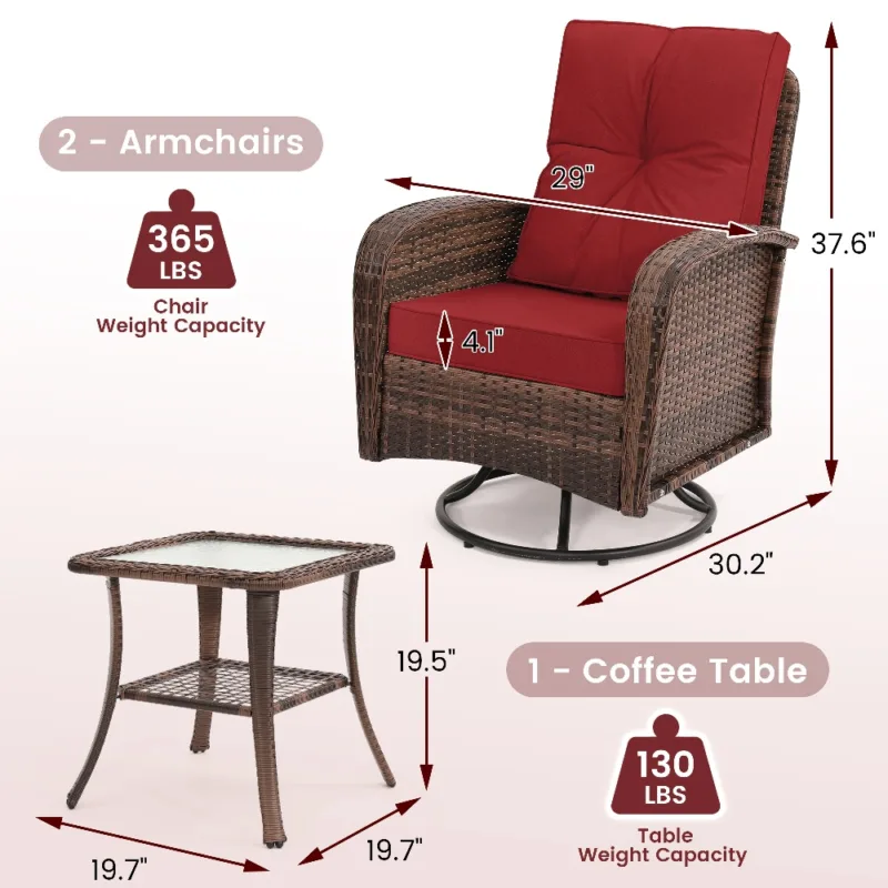 Skandiquip 3-Piece Patio Wicker Swivel Rocker Set, All-Weather Resin Rattan Chairs with Washable Cushions, 2-Tier Tempered Glass Side Table for Storage