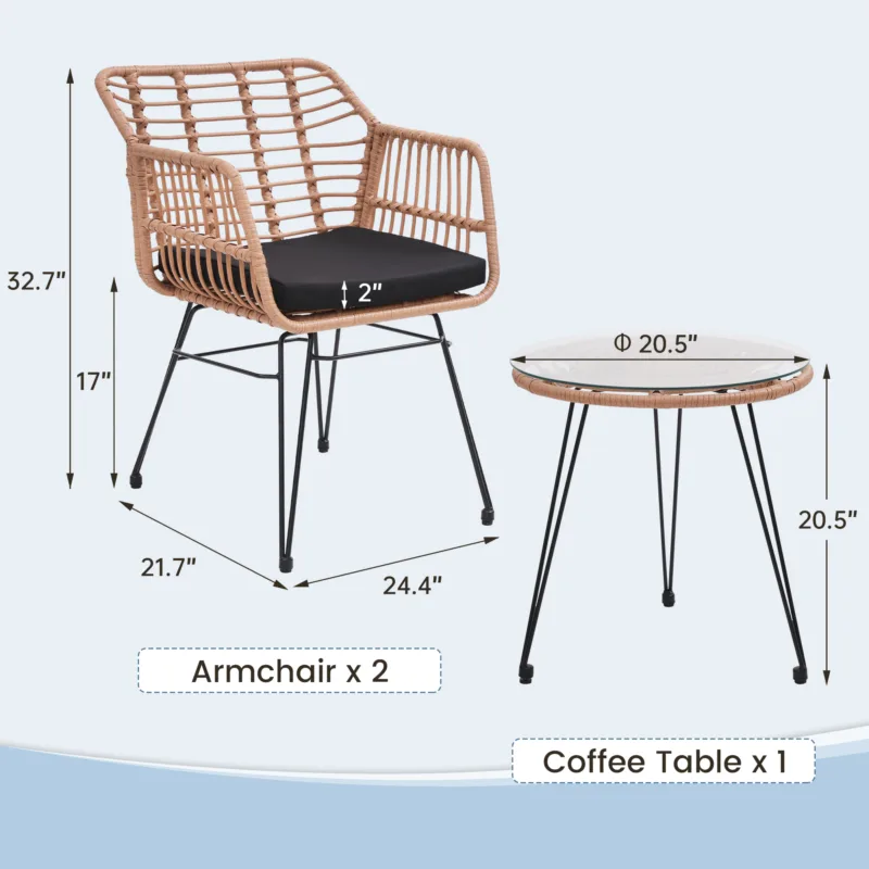 尺寸 Skandiquip 3-Piece All Weather Wicker Bistro Set, Rattan Chairs with Table, 2 Waterproof Removable Cushions for Garden Poolside