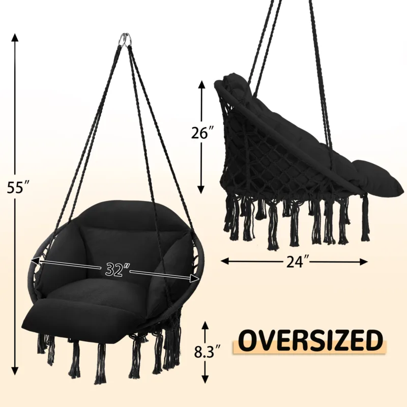 Skandiquip 55" Macrame Hanging Swinging Hammock Chair, Premium Handwoven Macrame with Oversized Cushion, for Porch, Balcony & Bedroom