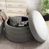 浅灰场景 (1) Skandiquip Extra Wide Round Storage Ottoman 26.3" Velvet Upholstered Foot Stool with Removable Lid for Living Room Makeup Room Bedroom