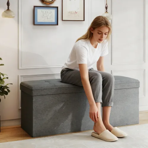 浅灰大款场景 (1) Skandiquip 43.5" Storage Ottoman Folding Rectangle Foot Rest Stool with Large Capacity Wooden Top for Living Room Bedroom, Light Gray-Linen