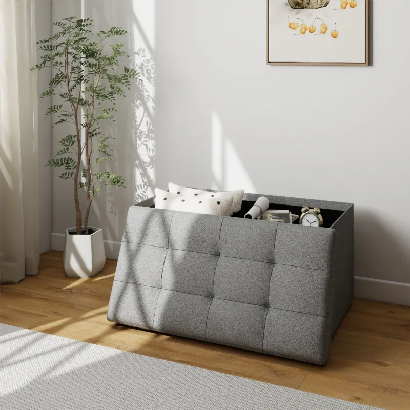 浅灰小款场景 (1) Skandiquip 43.5" Storage Ottoman Folding Rectangle Foot Rest Stool with Large Capacity Wooden Top for Living Room Bedroom, Light Gray-Linen