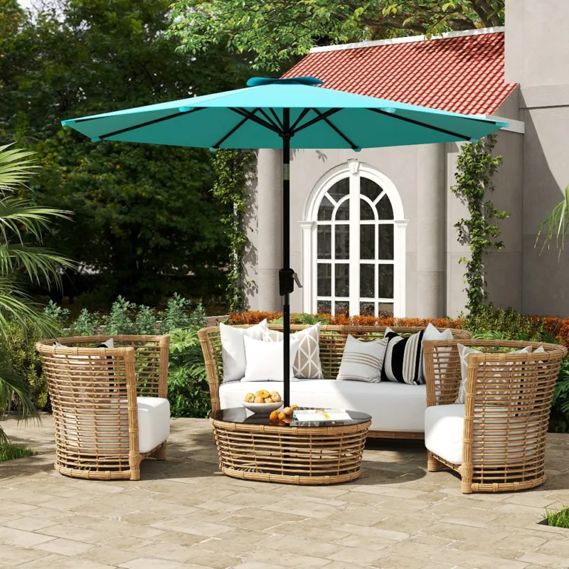 Skandiquip 9FT Heavy-Duty Patio Market Umbrella, Push Button Tilt & Easy Crank, 8 Sturdy Ribs, UV Waterproof Outdoor Shade for Yard Pool Garden