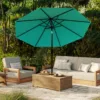 浅蓝色场景 (1) Skandiquip 10FT Outdoor Patio Market Umbrella, Push Button Tilt & Crank Lift, 8 Sturdy Ribs, UV Protected, Waterproof, Garden Yard Pool Use, Beige