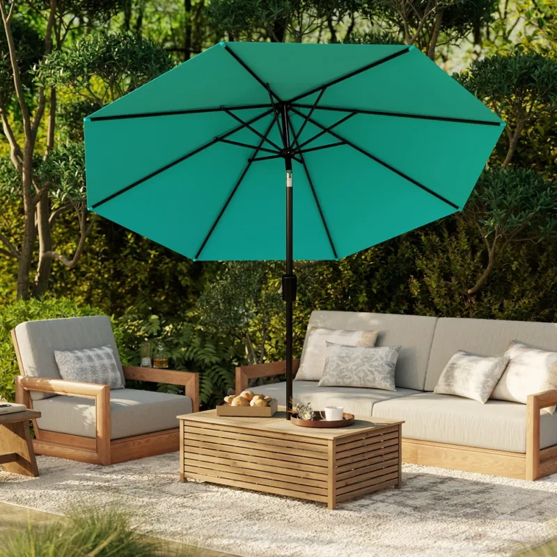 浅蓝色场景 (1) Skandiquip 10FT Outdoor Patio Market Umbrella, Push Button Tilt & Crank Lift, 8 Sturdy Ribs, UV Protected, Waterproof, Garden Yard Pool Use, Beige