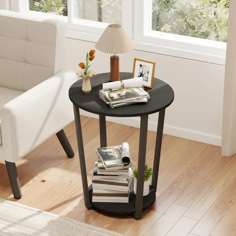 深灰场景1 (1) Skandiquip 17.7 Inch Diameter Round 2-Tier Accent Side Table Industrial End Table with Storage Shelf Wooden Top for Living Room Bedroom