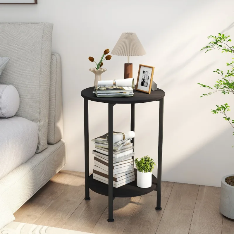 深灰场景2 (1) Skandiquip 17.7 Inch Diameter Compact Round 2-Tier Accent Side Table Industrial End Table with Storage Shelf Wooden Top for Living Room Bedroom