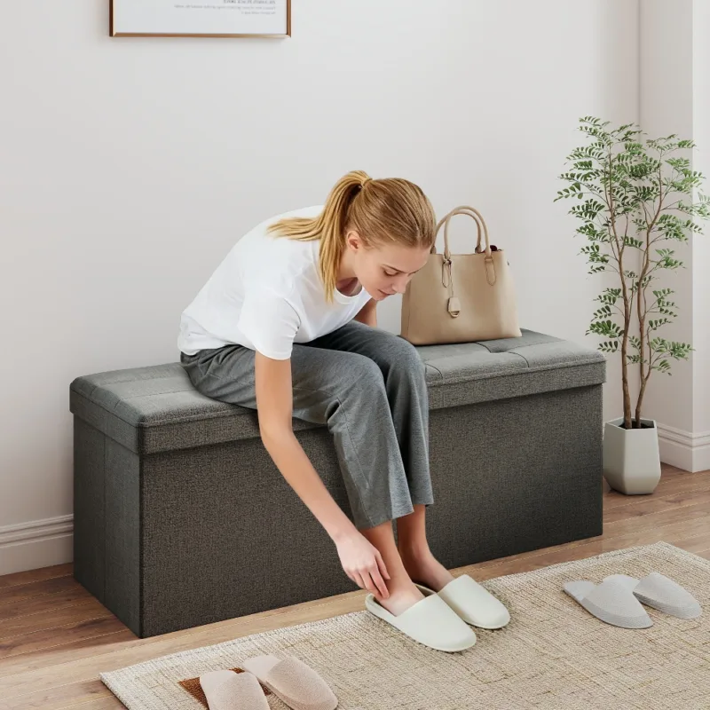 深灰大款场景 (1) Skandiquip 43.5" Storage Ottoman Folding Rectangle Foot Rest Stool with Large Capacity Wooden Top for Living Room Bedroom, Light Gray-Linen