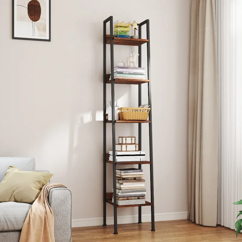 Skandiquip 5-Tier Leaning Ladder Shelf,  Wood and Metal Multifunctional Display Storage Rack for Living Room Bedroom