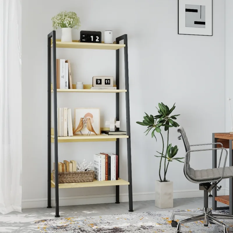Skandiquip 4-Tier Leaning Ladder Shelf,  Wood and Metal Multifunctional Display Storage Rack for Living Room Bedroom
