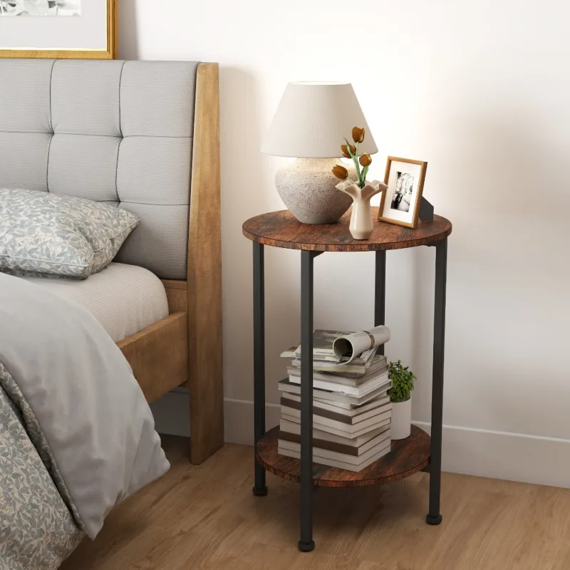 火烧木场景4 (1) Skandiquip 17.7 Inch Diameter Compact Round 2-Tier Accent Side Table Industrial End Table with Storage Shelf Wooden Top for Living Room Bedroom